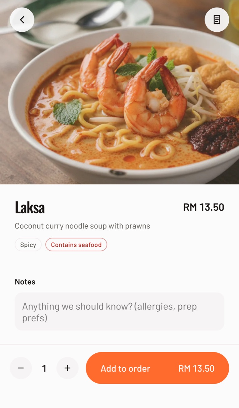 Laksa pada menu demo: gambar, harga, tag pedas dan makanan laut, kotak nota dan butang tambah ke pesanan