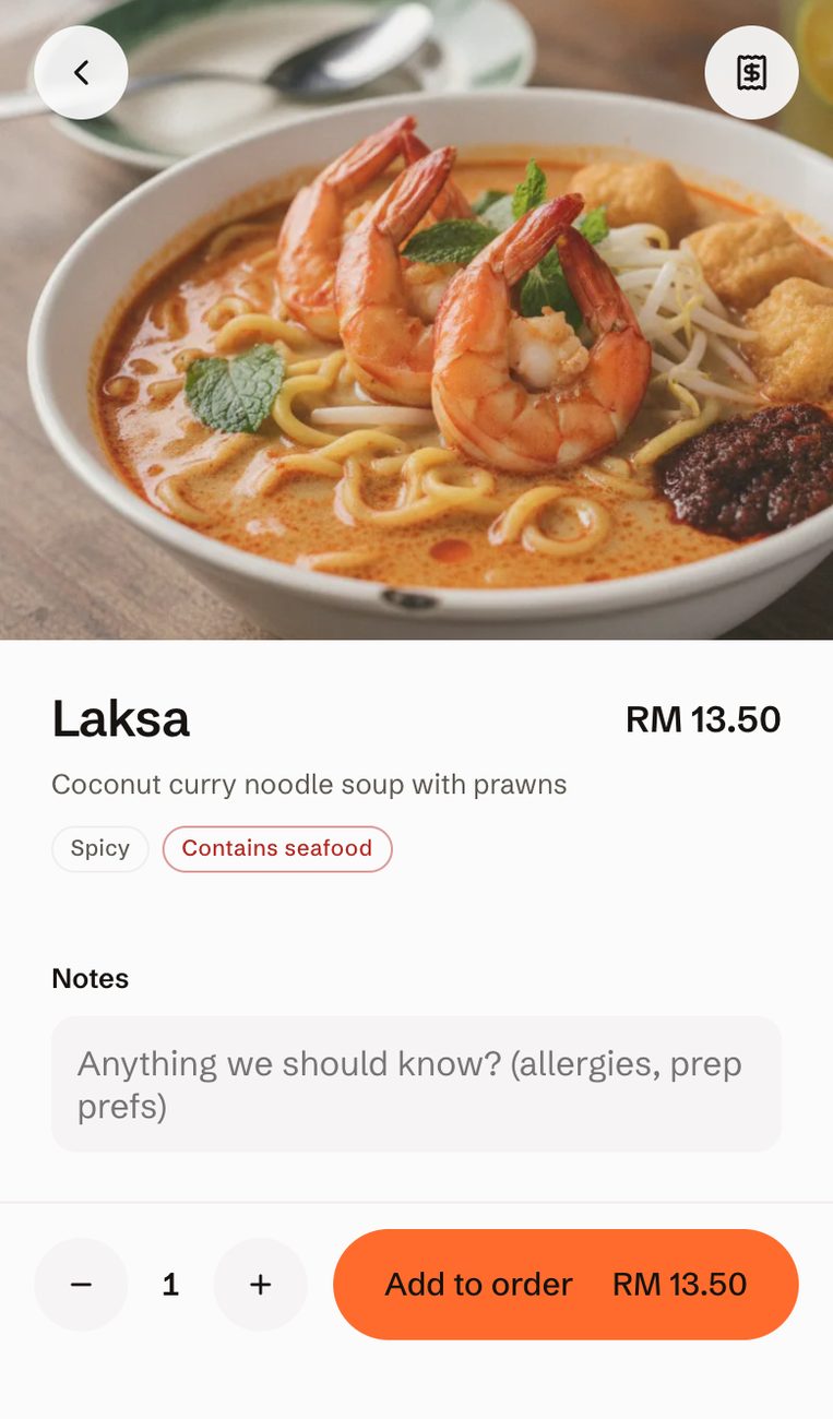 Laksa on the demo menu: photo, price, spicy and seafood tags, a notes box and an add-to-order button