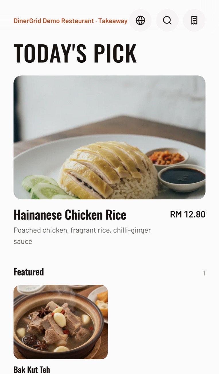 Menu restoran demo pada telefon: gambar nasi ayam Hainan sebagai pilihan hari ini, kemudian bahagian menu