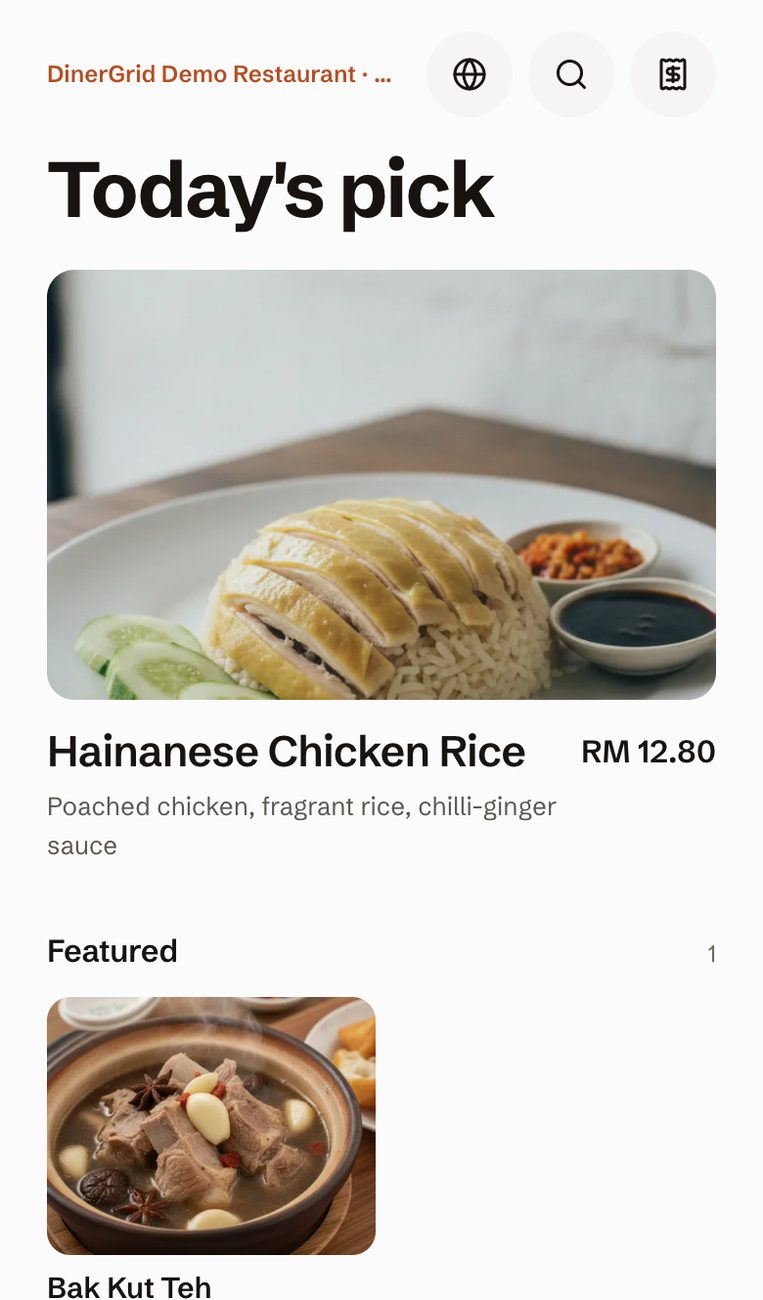 The demo restaurant's menu on a phone: a photo of Hainanese chicken rice as today's pick, then the menu sections